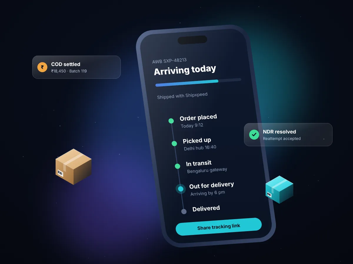 Illustration of a phone showing a shipment tracking page